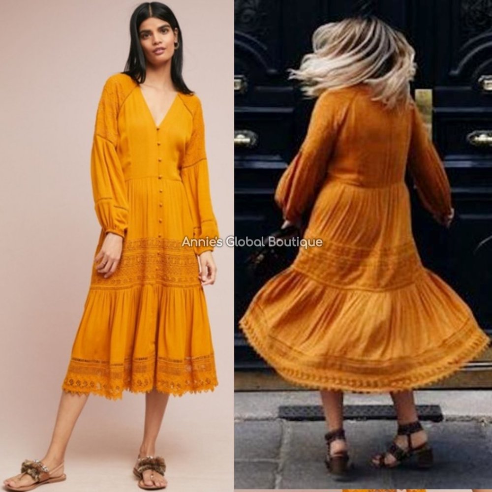 RARE NWT ANTHROPOLOGIE Golden Peasant Embroidered Maxi Dress. Size 4 - Picture 15 of 16